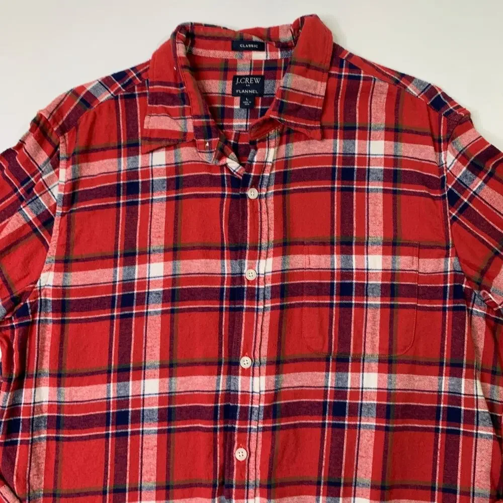 J Crew Shirt Mens L Large Classic Flannel Plaid Curved Shirttail Hem Button Up